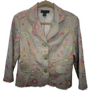 Silk Land Embroidered Floral Blazer Jacket Light Khaki Women Size‎ 12
